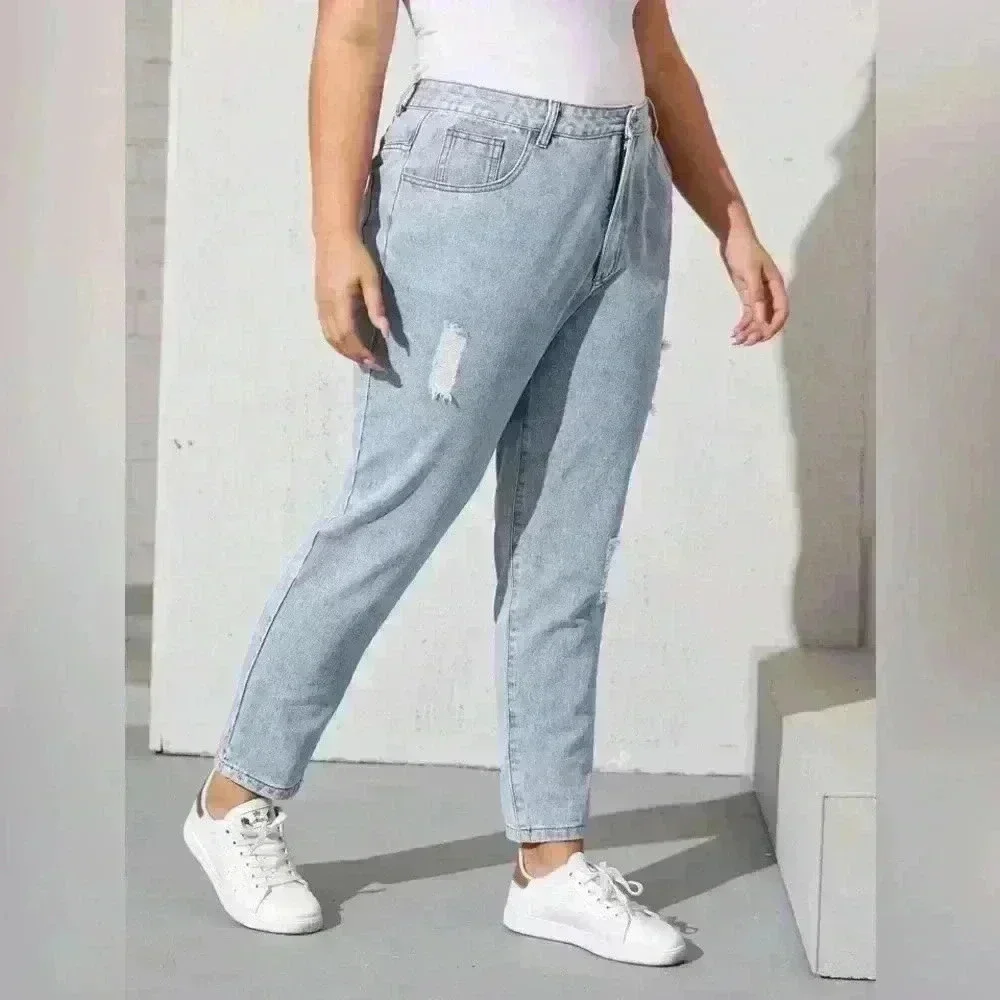 SHEIN high waisted distressed mom jean light wash XL tapered leg non-stretch - Picture 3 of 11